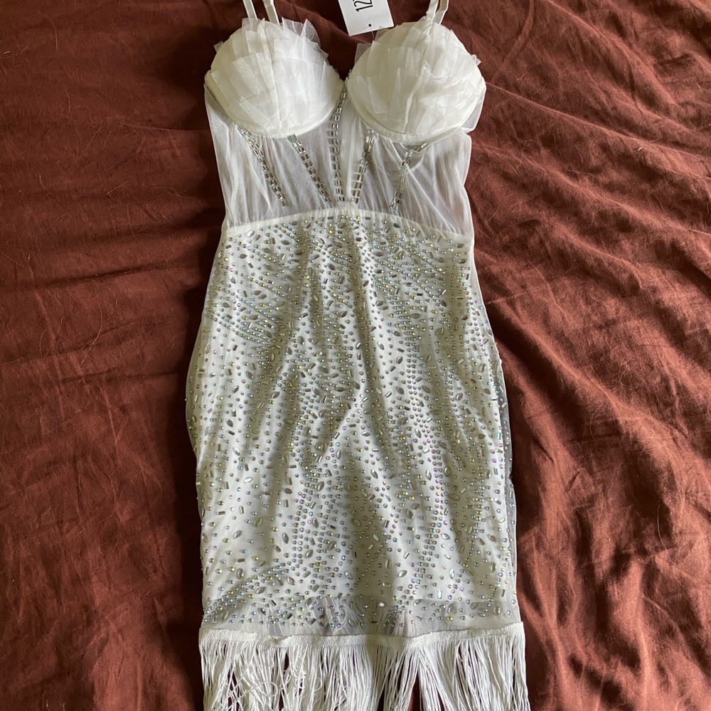 12th Tribe White Mesh Dress with Beaded Accents